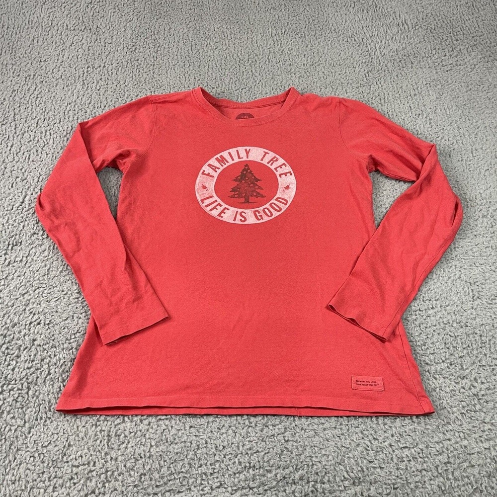 Life Is Good T Shirt Womens Medium Long Sleeve Christmas Holiday Tree Family Red